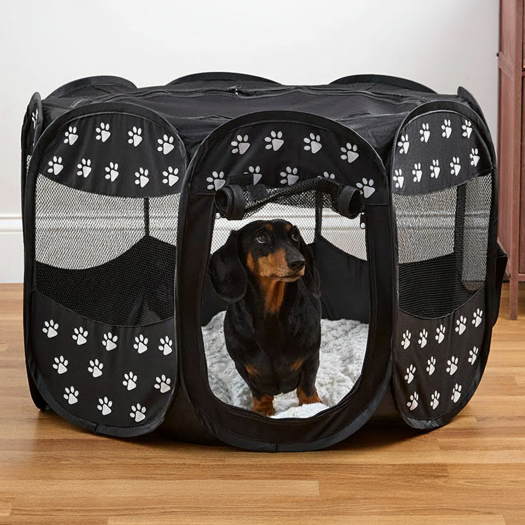Portable Paw-Print Playpen - Mesh Sides, Zippered Top, Water-Resistant Base