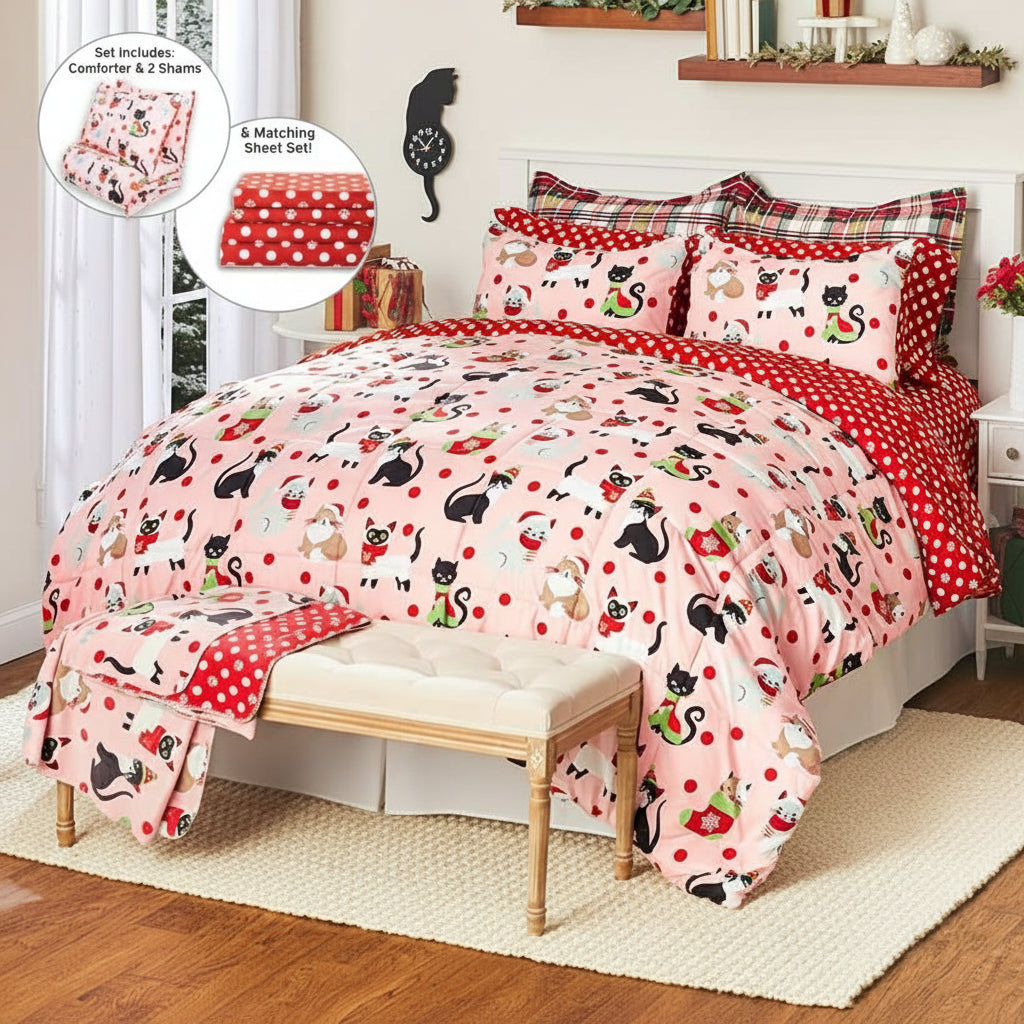 Cat Christmas Complete King Comforter Set