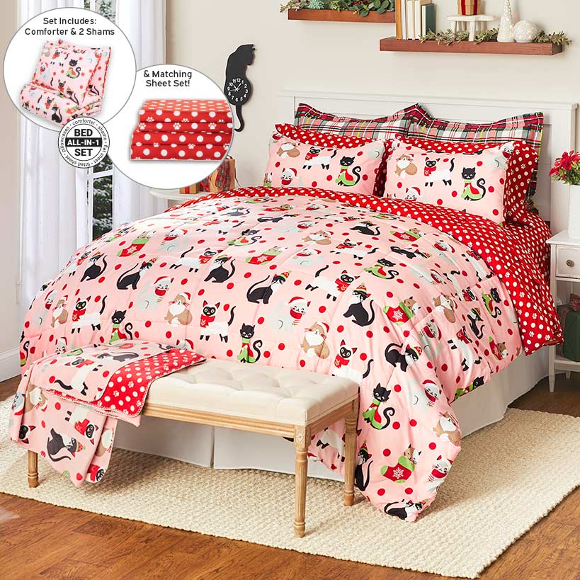 Cat Christmas Complete King Comforter Set