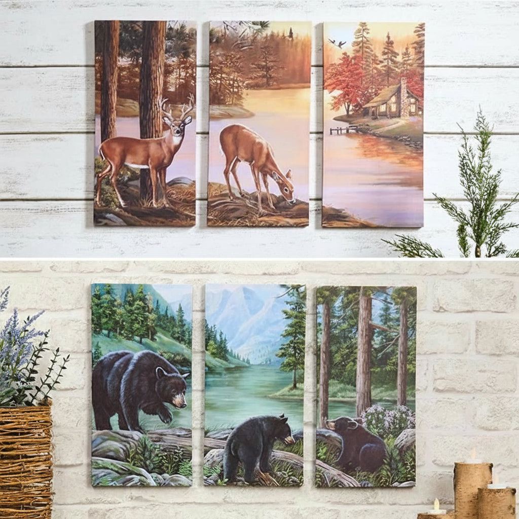 Woodland Animal Canvas Wall Art Trio - Bear or Deer