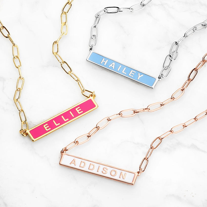 Personalized Enamel Bar on Paperclip Chain Necklace