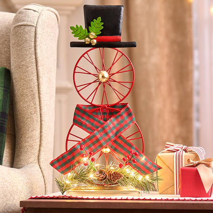 Lighted Wagon Wheel Snowman Decor