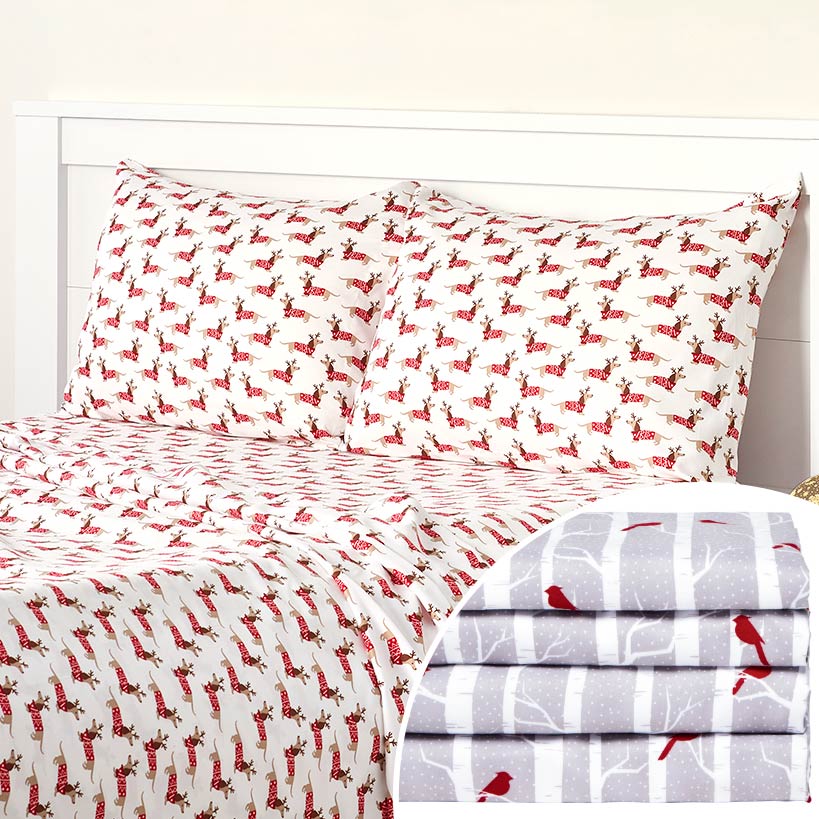 Flannel Warm and Cozy Queen Size 4pc Dachshund Sheet Set