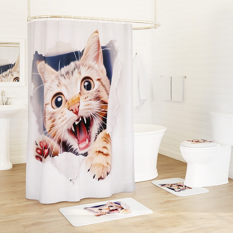 Cat Memory Foam Bath Rugs and Shower Curtain 16 Pc Set