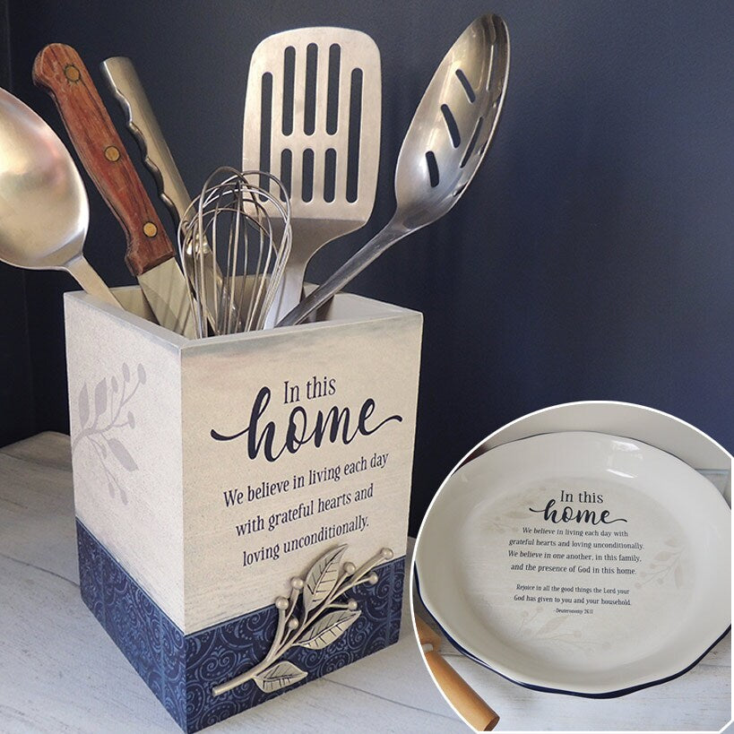 In This Home Collection - Pie Plate, Utensil Crock, Measuring Spoons