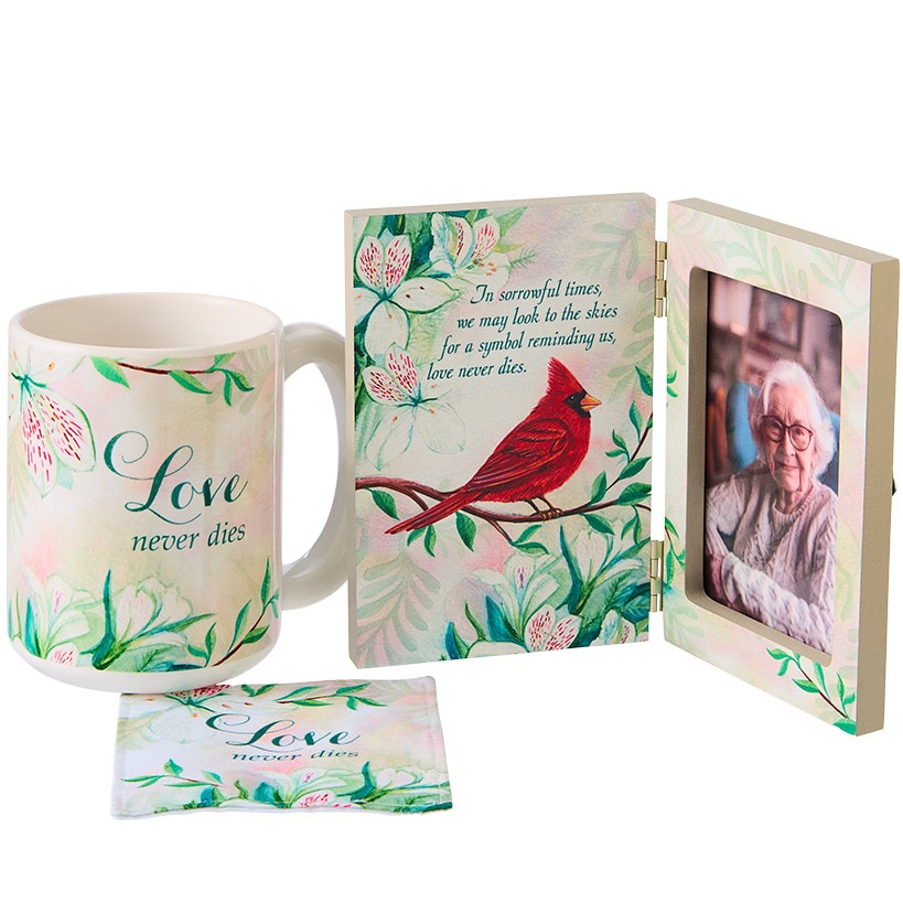 Cardinal Love Never Dies Mug & Coaster Set or Frame