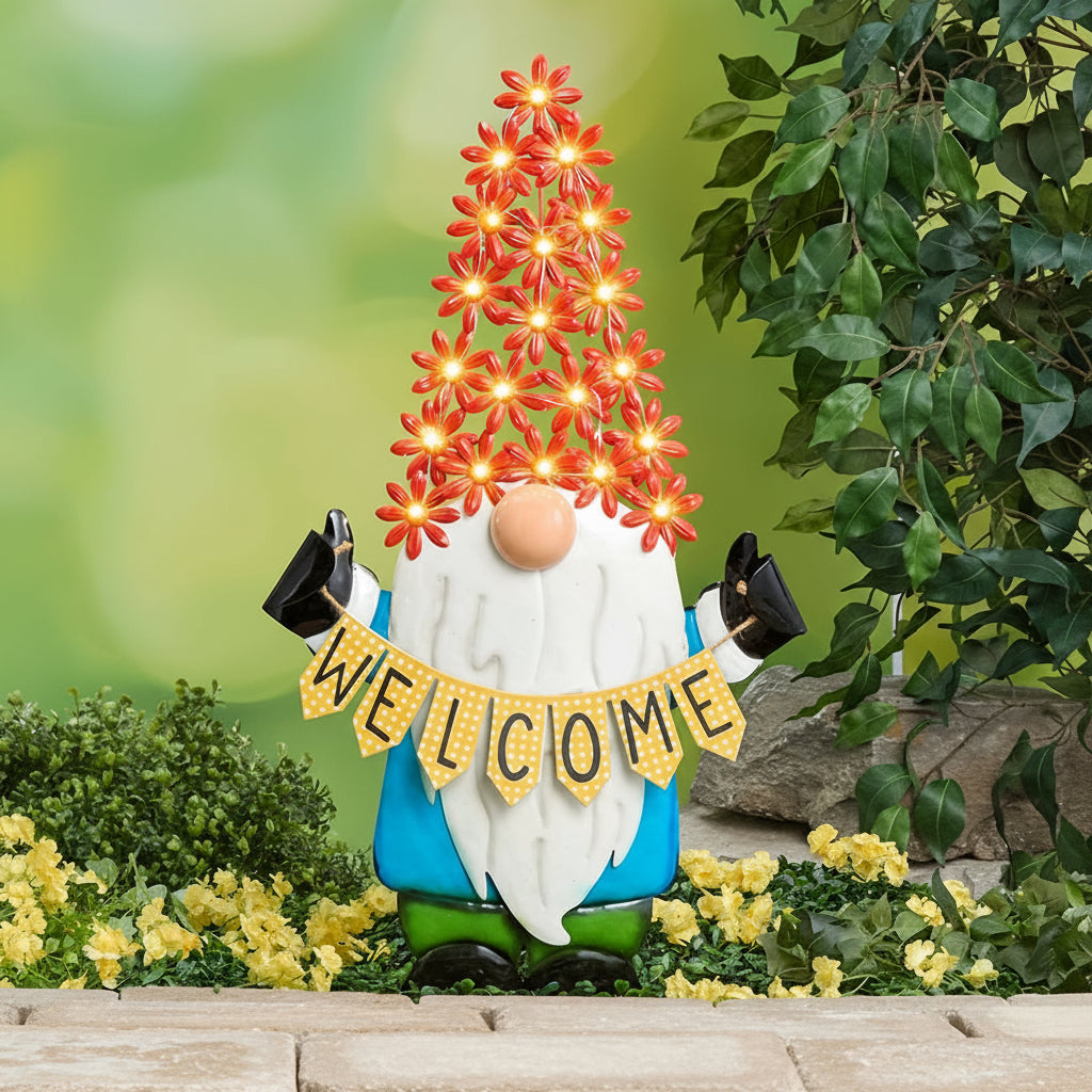 Welcome Gnome With Solar Flower Hat Garden Stake