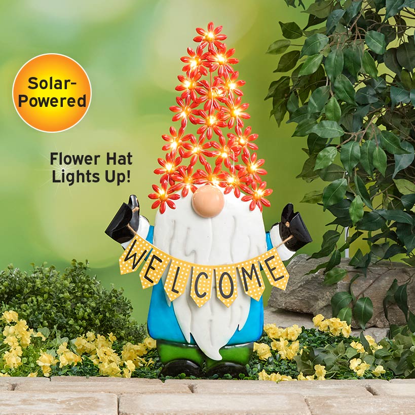 Welcome Gnome With Solar Flower Hat Garden Stake