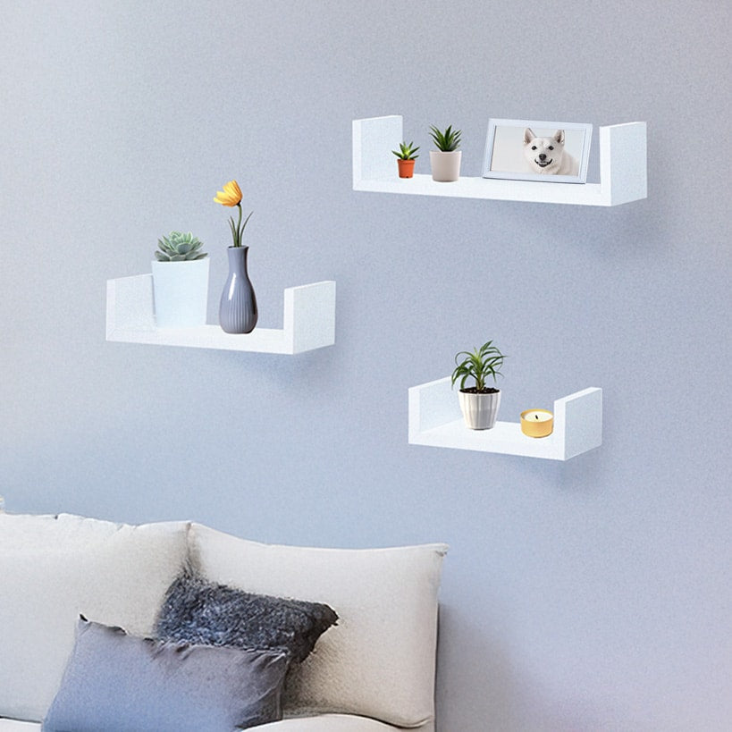 Floating Wood Shelves in White - Set of 3