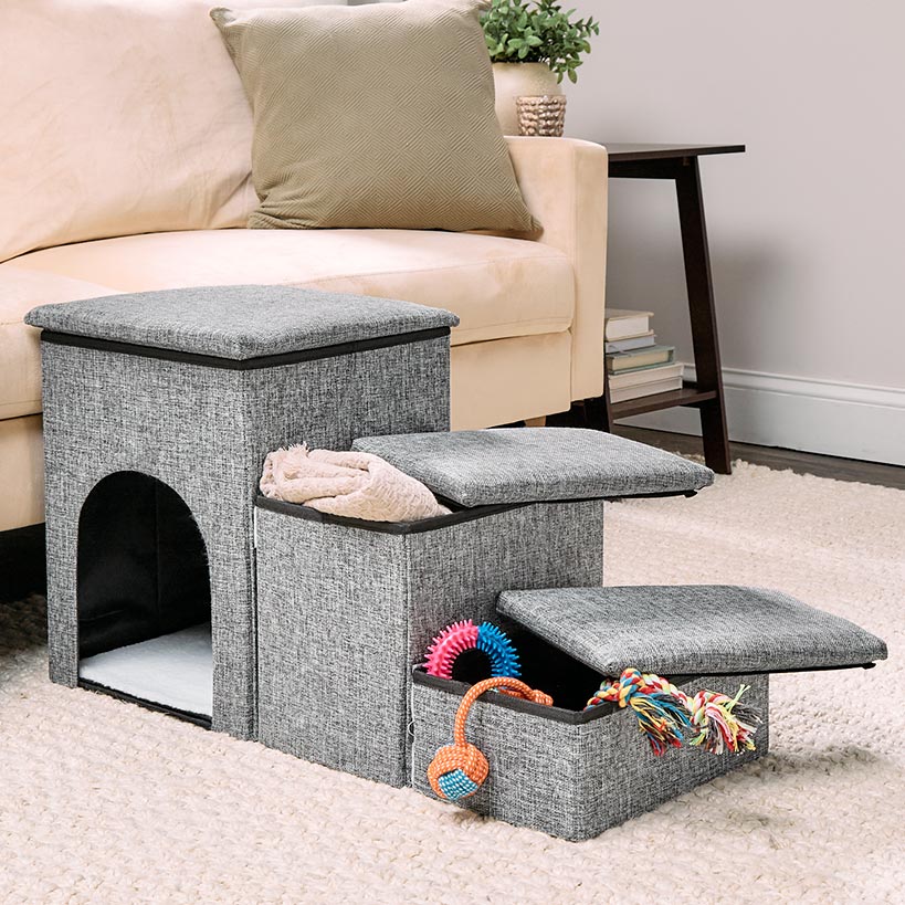 Foldable Pet Stairs With Storage Boxes and Cozy Pet Nook Portable