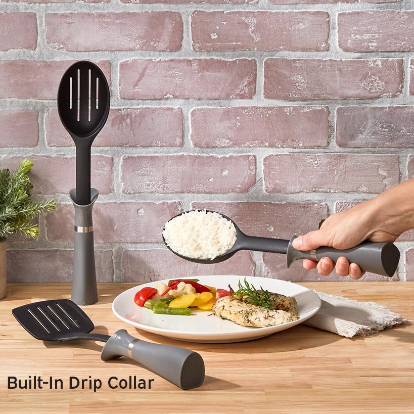 Less Mess Kitchen Utensil Set with Built in Drip Collar and Portion Control