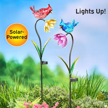 Solar Flower With Perched Bird Garden Stake - Blue or Red