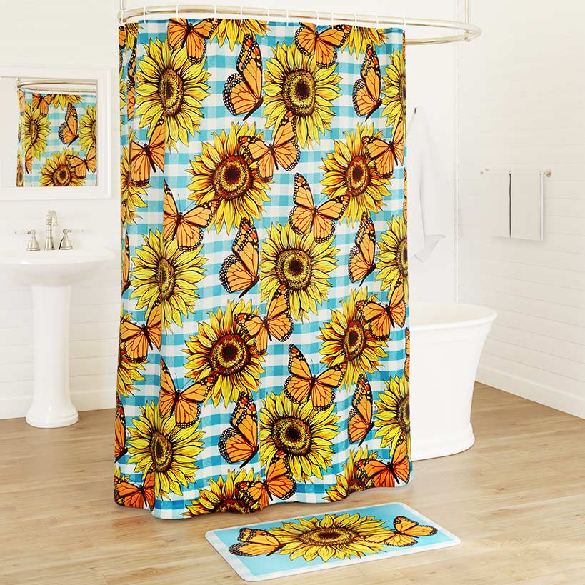 Sunflower and Butterfly Shower Curtain or Memory Foam Bath Rug