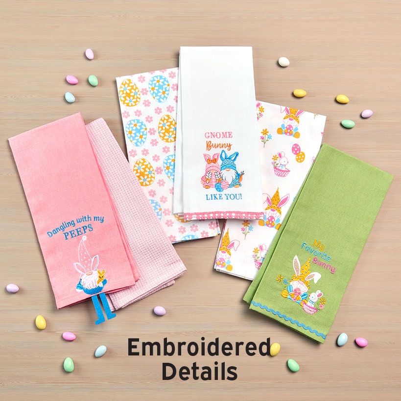 Embroidered Kitchen Towels Gnomes and Bunnies Set of 2