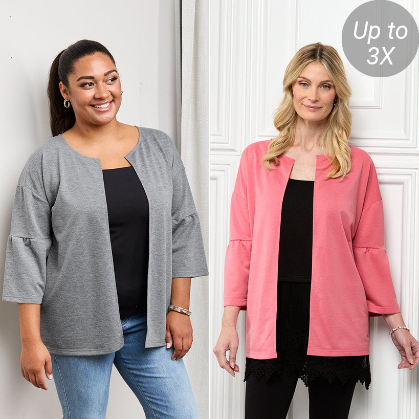 Open Front Cardigan with Ruffle 3/4 Sleeve