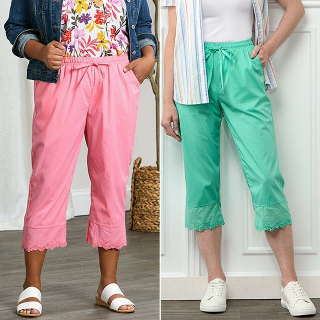 Women's Capri Pants with Scalloped Hemline and Waist Drawstring