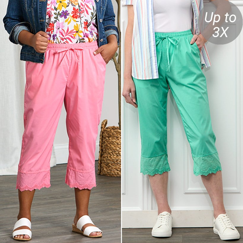 Women's Capri Pants with Scalloped Hemline and Waist Drawstring