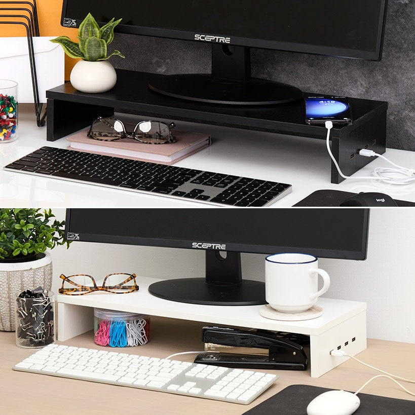 Monitor Stand Wooden Riser 4 USB 2.0 Charging Ports Black Or White