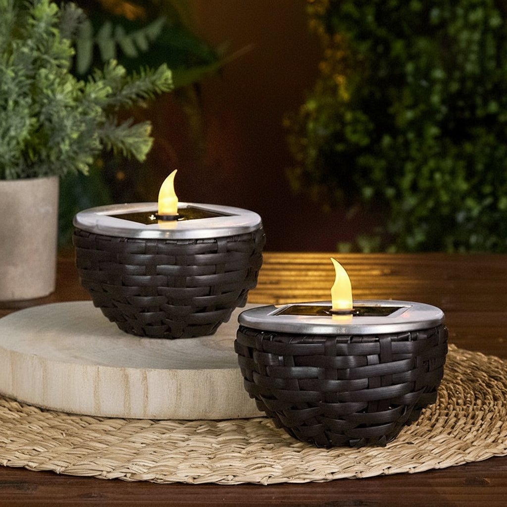 Solar Rattan-Like Candle Flame Lamp - Set of 2