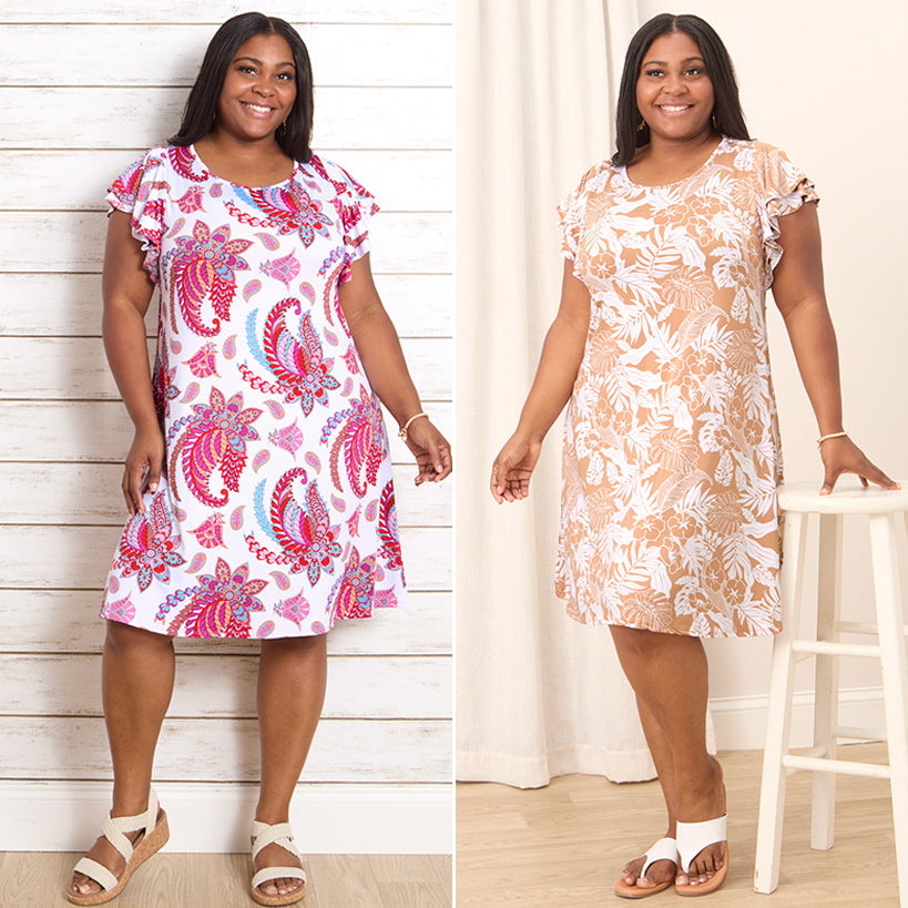 Women's Knee-Length Dress with Ruffle Short Sleeve