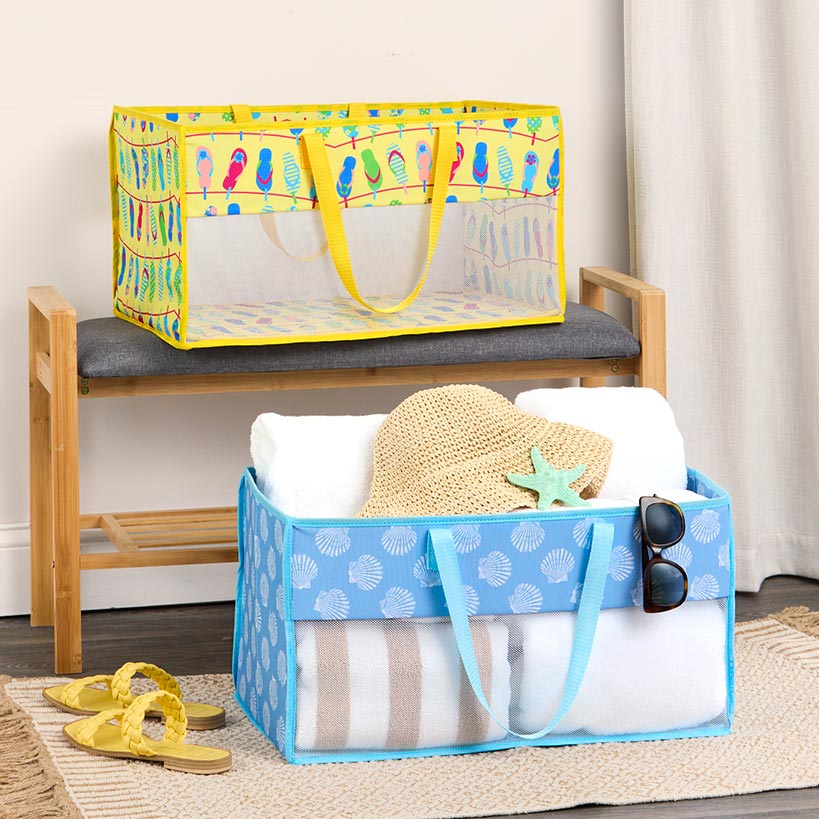 Home Storage Tote Bin with Mesh - Flip Flop or Shell Print