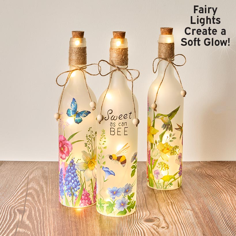 Decorative Lighted Bottles – Flowers Butterflies Bees and Hummingbirds