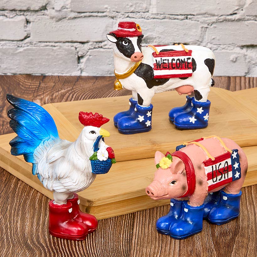 Americana Cow Pig And Rooster Set of 3 Tabletop Decor
