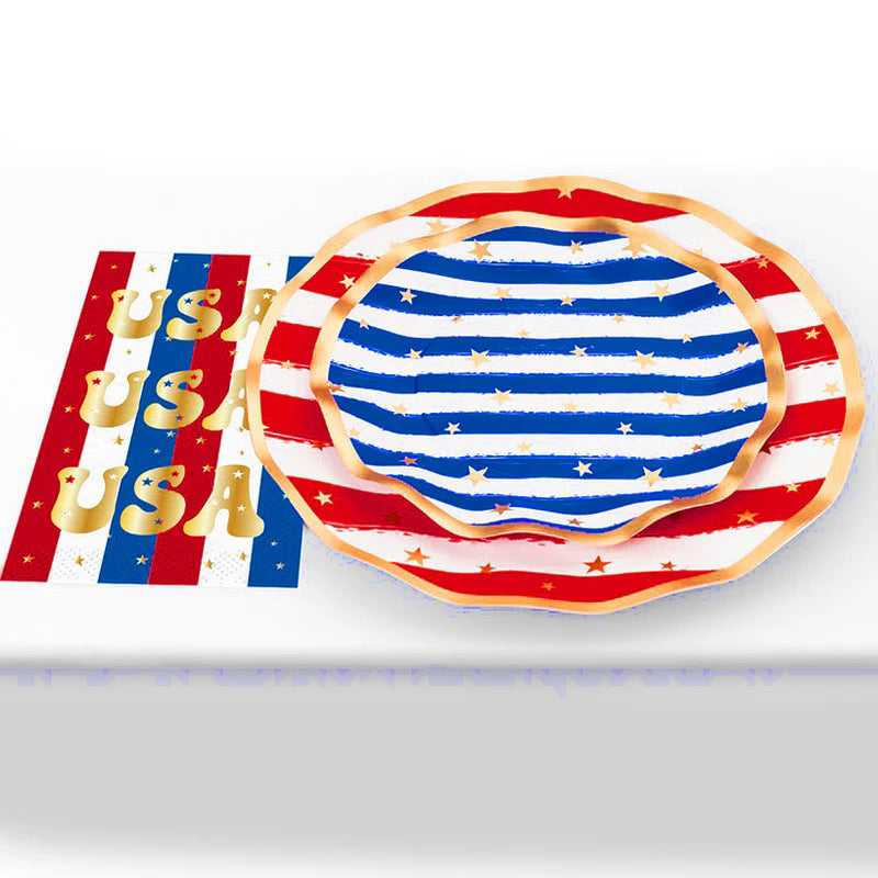 Patriotic Stars & Stripes Outdoor Table Party Bundle | Custom Fit Tablecloth + Disposable Dinnerware Set
