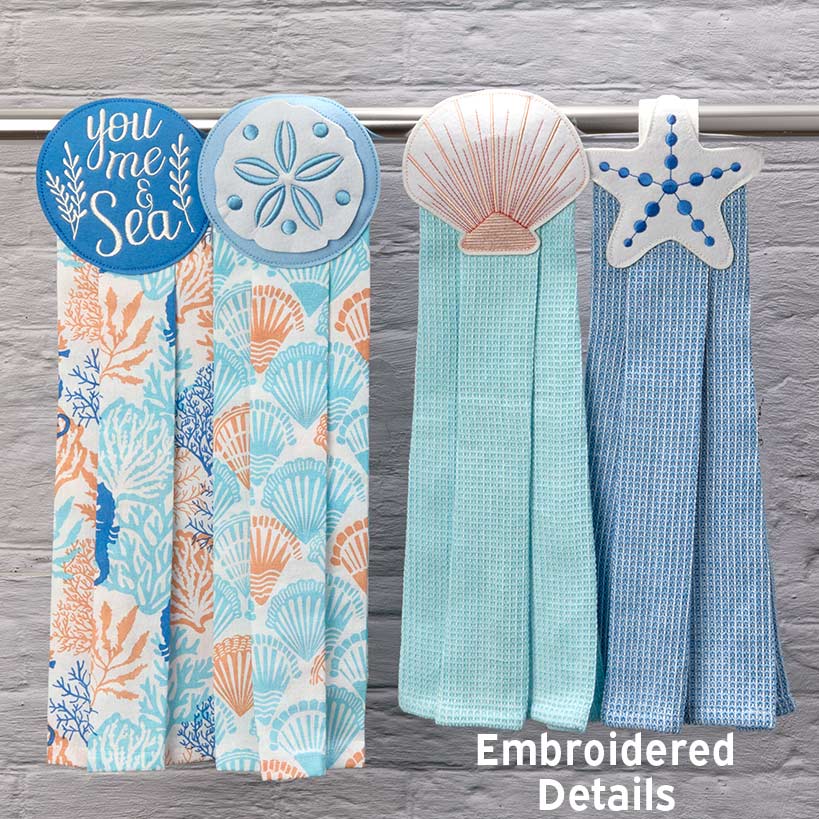 Coastal Themed Kitchen Embroidered Tie Towels, Set of 2
