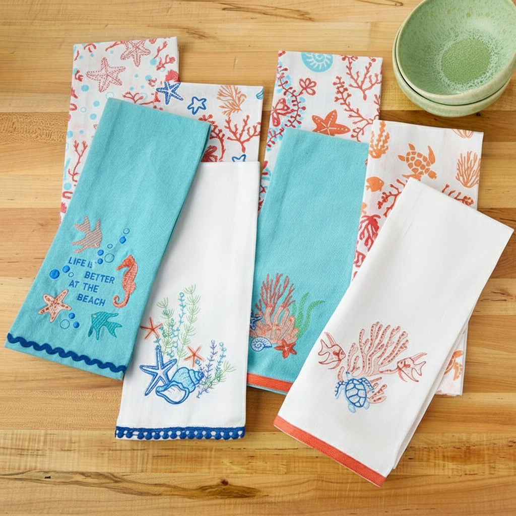 Coastal Themed Embroidered Kitchen Towels, Set of 2
