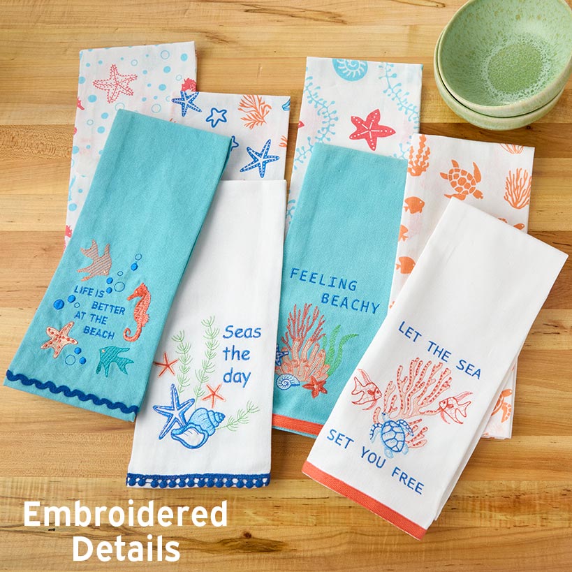 Coastal Themed Embroidered Kitchen Towels, Set of 2