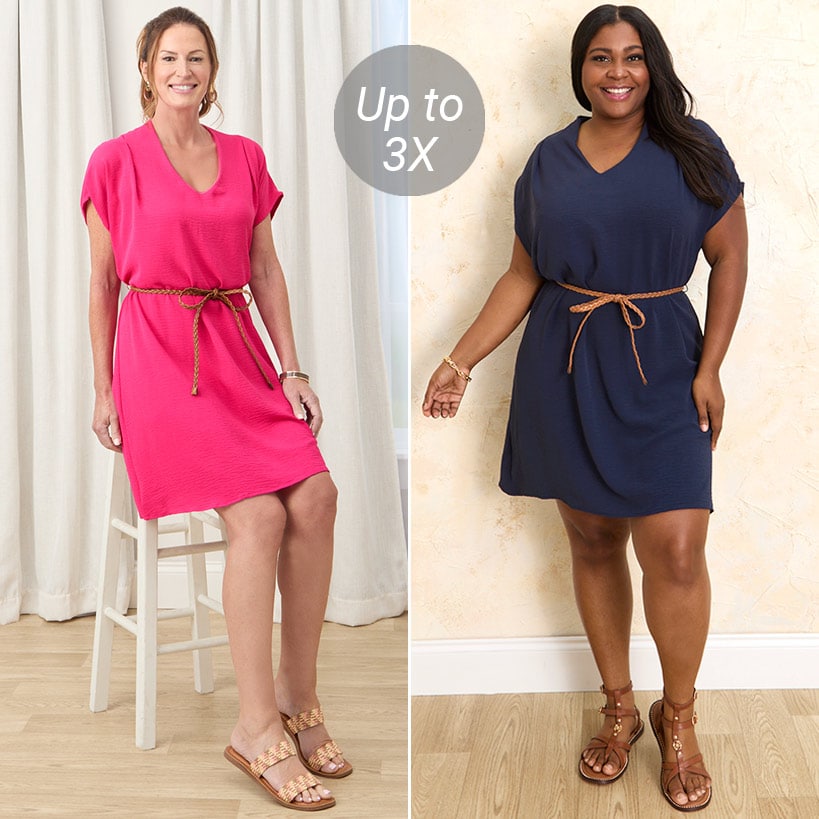Women's Dolman V-Neck Dress with Braided Belt