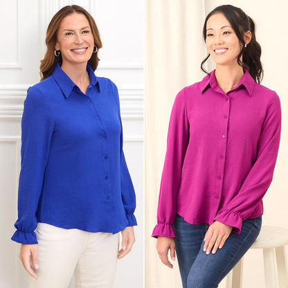 Women's Ruffle Long Sleeve Button Down Shirt