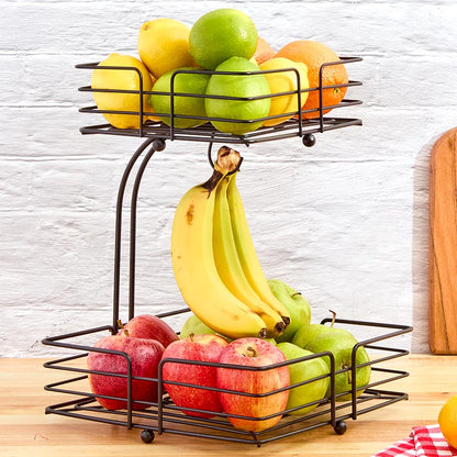 Kitchen Countertop Fruit Basket with Banana Hanger - 2-Tier