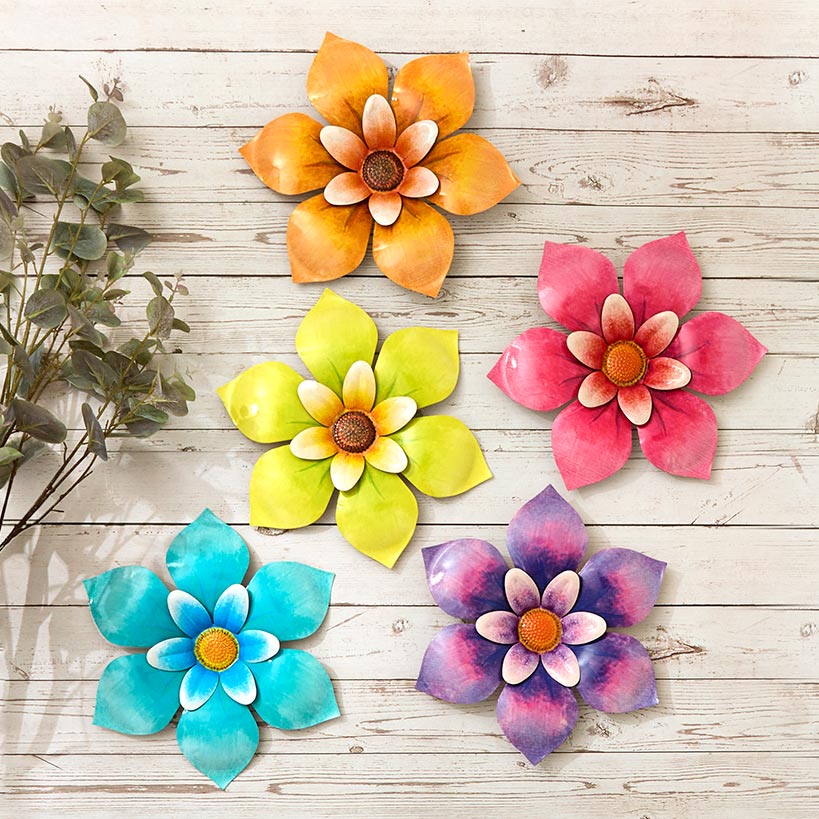 Wall Decor Flower Metal Art In Blue Orange Pink Yellow Or Purple
