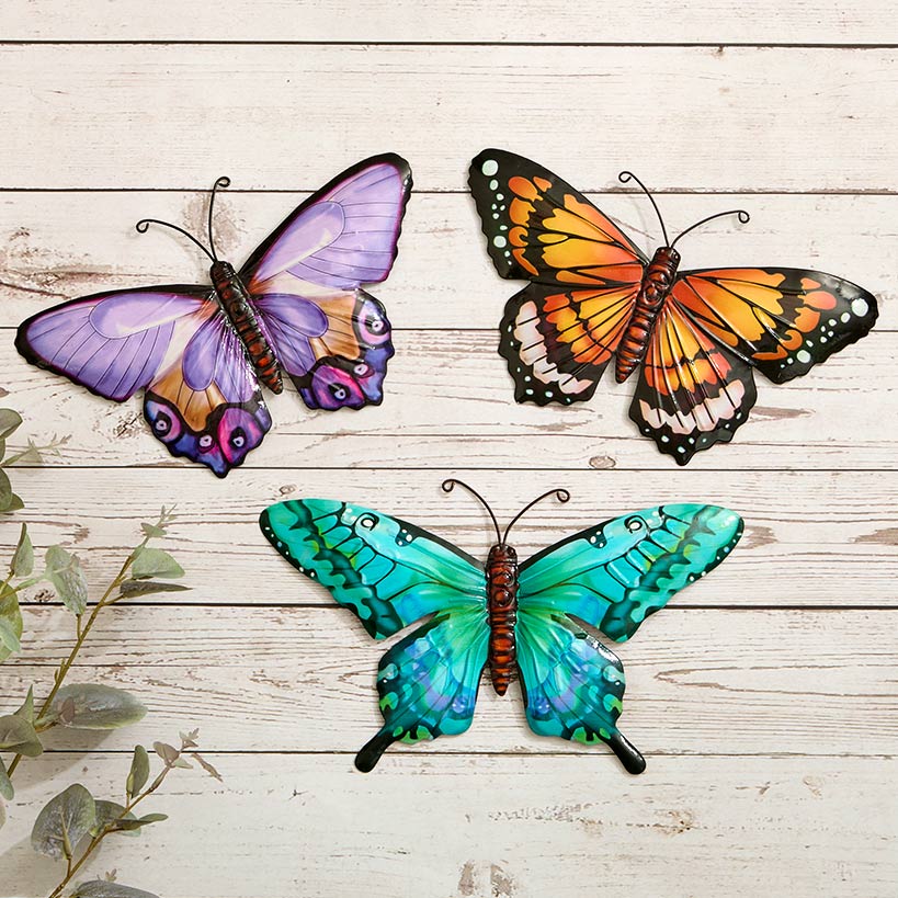 Butterfly Wall Hanging Metal Decor Trio Orange Turquoise and Purple