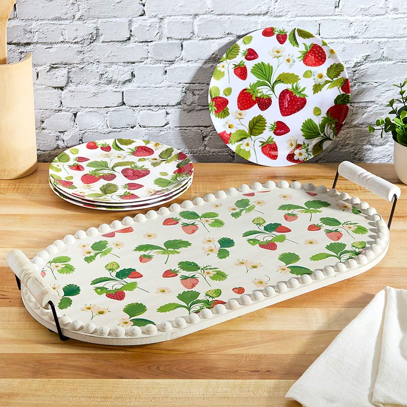 Fresh off the Vine Strawberry Pattern Plates or Beaded Wooden Serving Tray