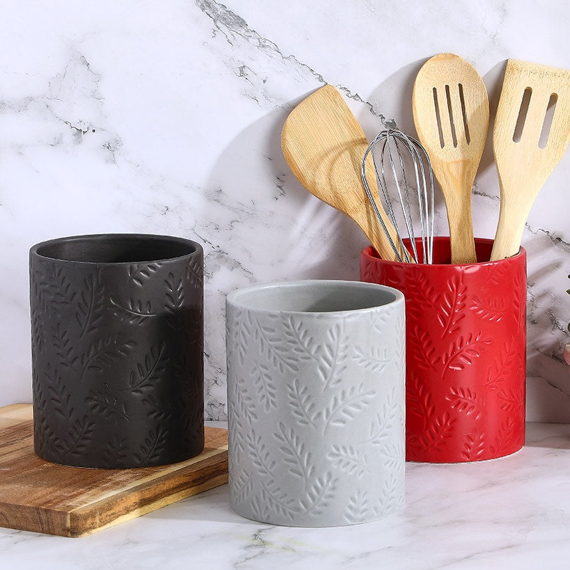 Embossed Kitchen Tool Crock Decorative Utensil Holder