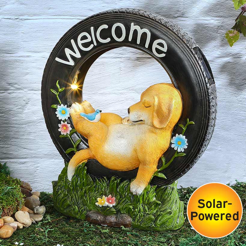 Solar Welcome Dog Statue Garden Decor