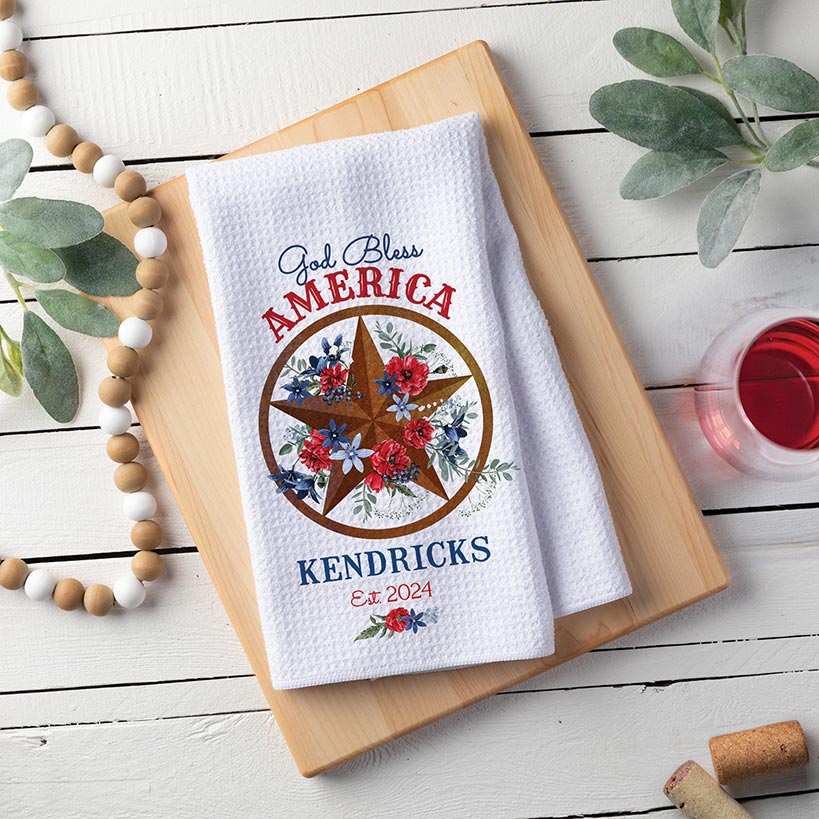 Personalized Patriotic Star Floral Waffle Tea Towel