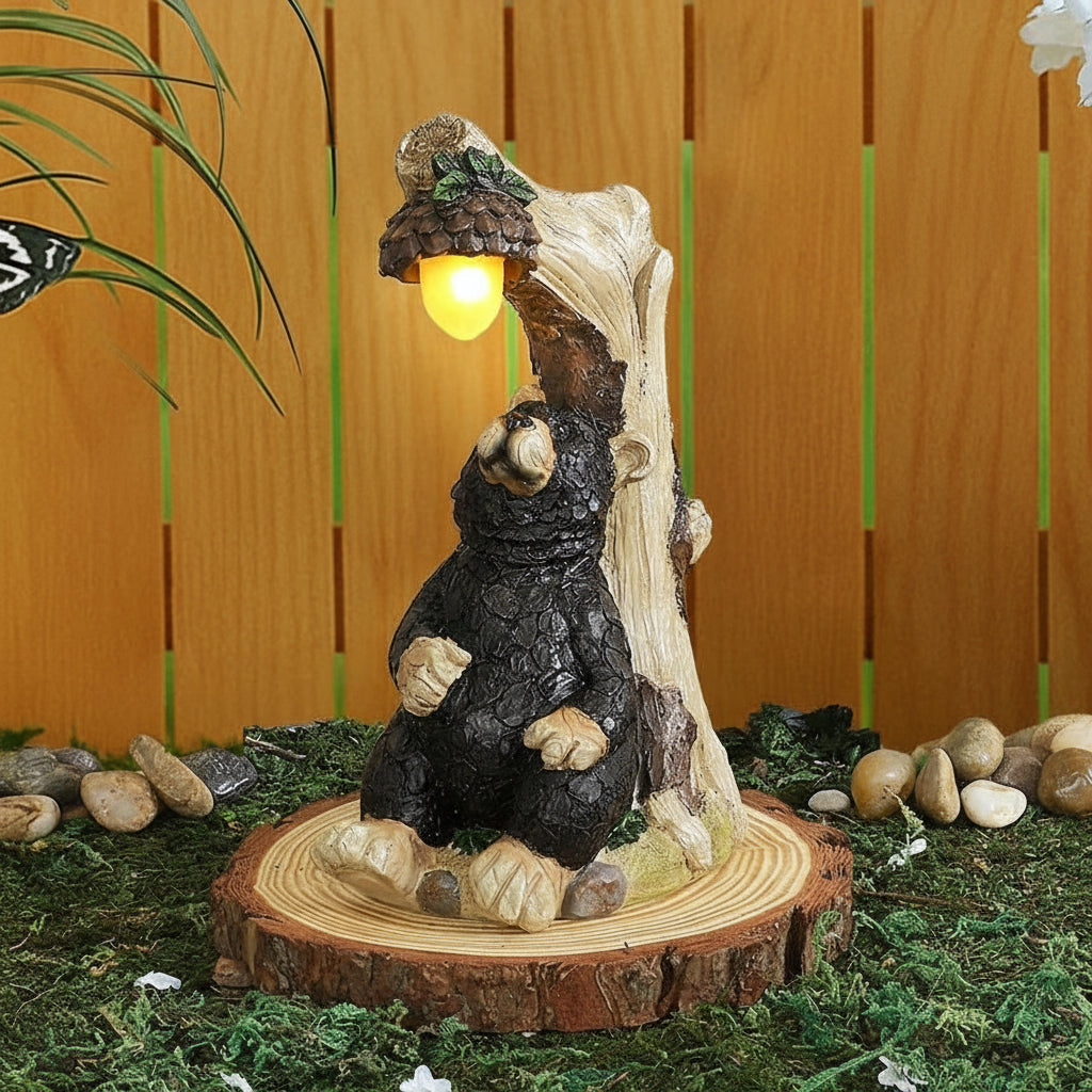 Bear Statue Lodge Themed For Garden With Solar Acorn