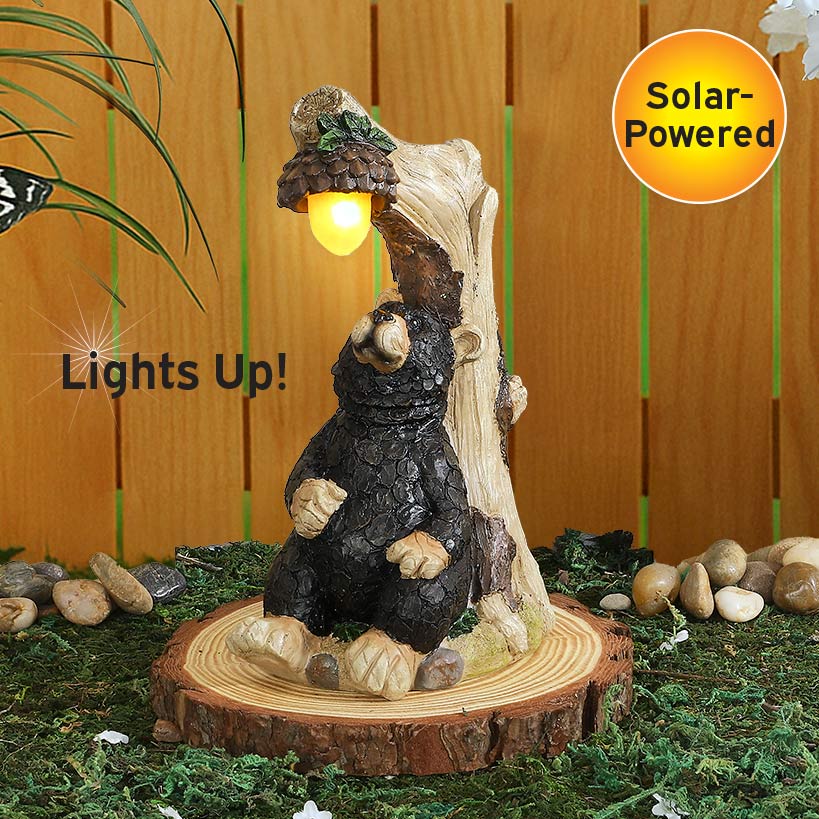 Bear Statue Lodge Themed For Garden With Solar Acorn