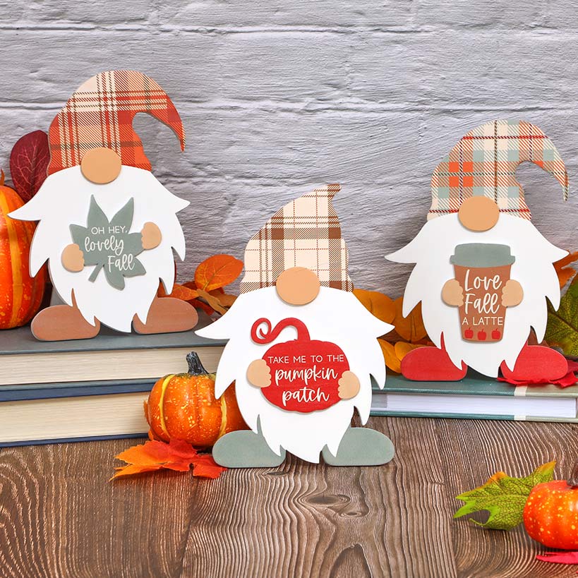 Gnome Fall Plaid Wood Tabletop Decor With Message 3 Pc