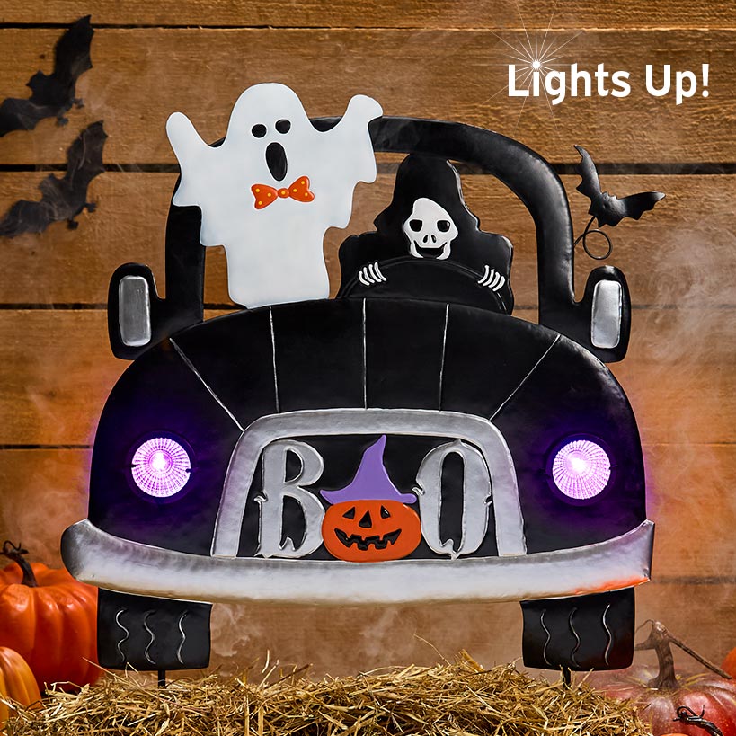 Lighted Halloween Truck Stake With Ghost And Grim Reaper Headlights