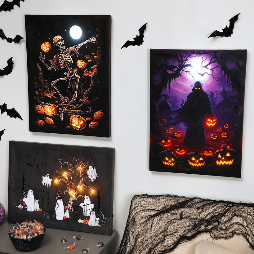 Halloween Canvas Wall Art Lighted Decor In Ghost Skeleton Or Reaper