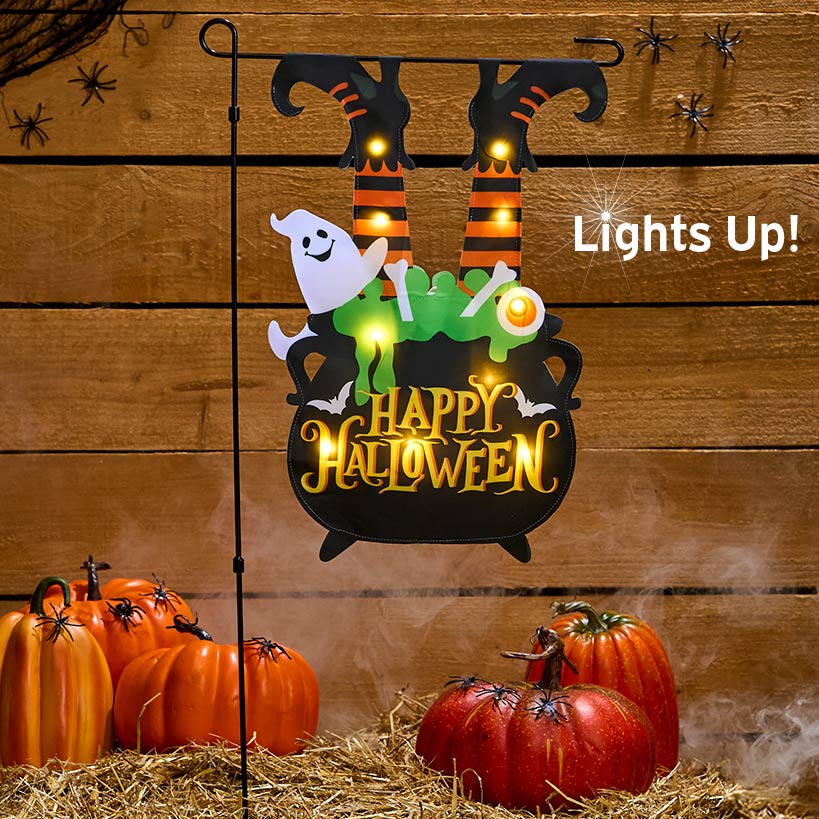 Halloween Flag Witch Cauldron Lighted With Pole And Happy Halloween