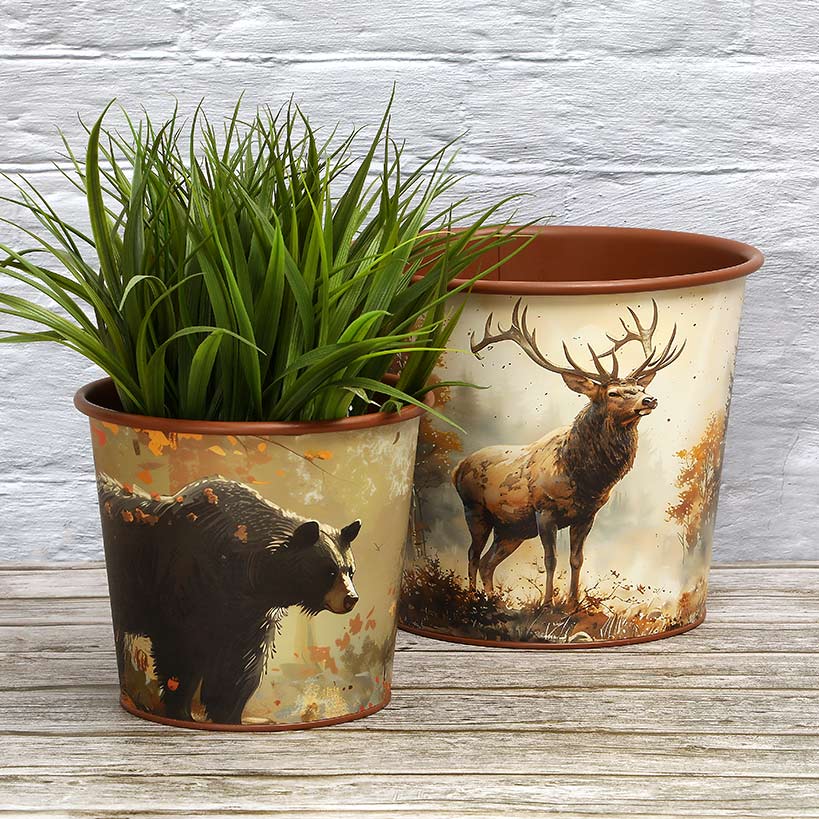 Planter Lodge Themed Decor In Large With Elk and Small With Bear
