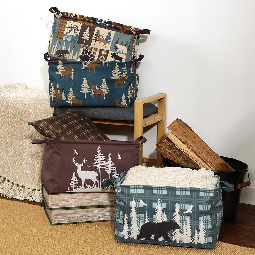 Rustic Printed Home Storage Decor Polyester Baskets Set of 2