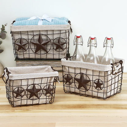 Brown Metal Storage Baskets with Star Accent and Polyester Lining Set of 3