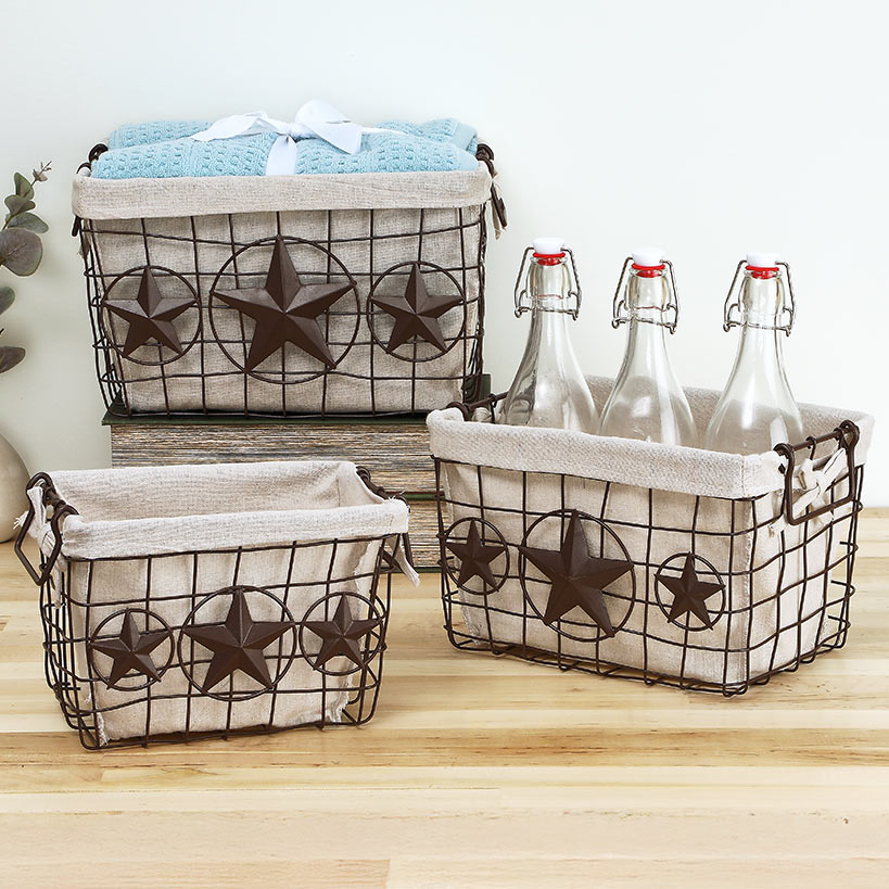 Brown Metal Storage Baskets with Star Accent and Polyester Lining Set of 3
